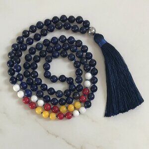 COLORADO MALA LAPIS, WHITE JADE, RED JADE & YELLOW JADE WITH NAVY TASSEL